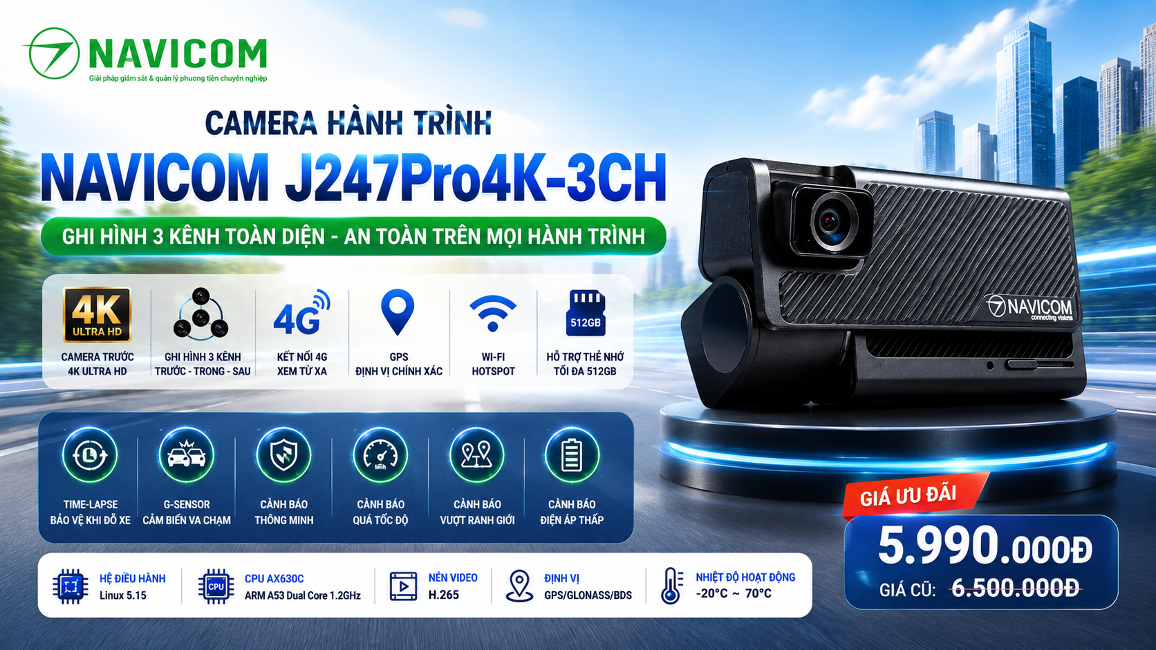 Camera Hành Trình 4K Ghi Hình 3 Kênh Navicom J247Pro4K-3CH