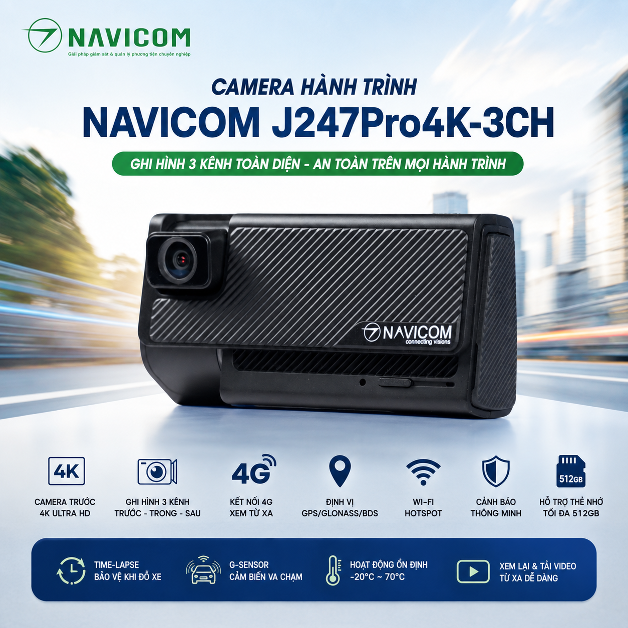 Camera Hành Trình 4K Ghi Hình 3 Kênh Navicom J247Pro4K-3CH – Giải Pháp Giám Sát Toàn Diện Cho Mọi Hành Trình