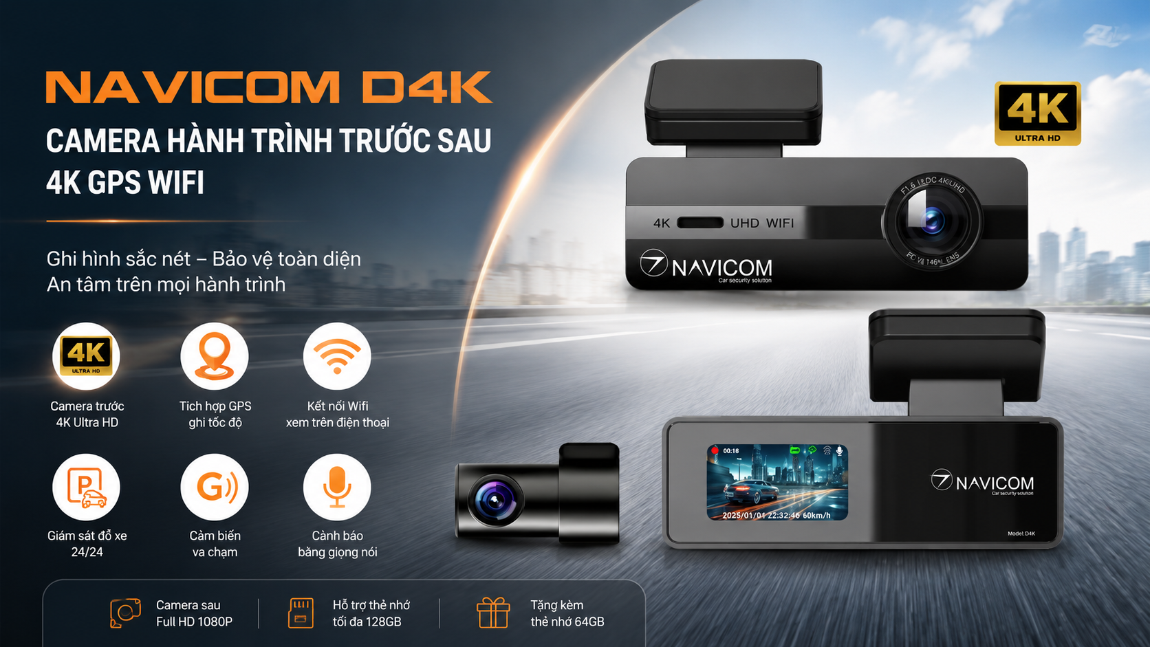 Camera Hành Trình Trước Sau 4K GPS WiFi Navicom D4K – Ghi Hình Sắc Nét, Lái Xe An Toàn Hơn
