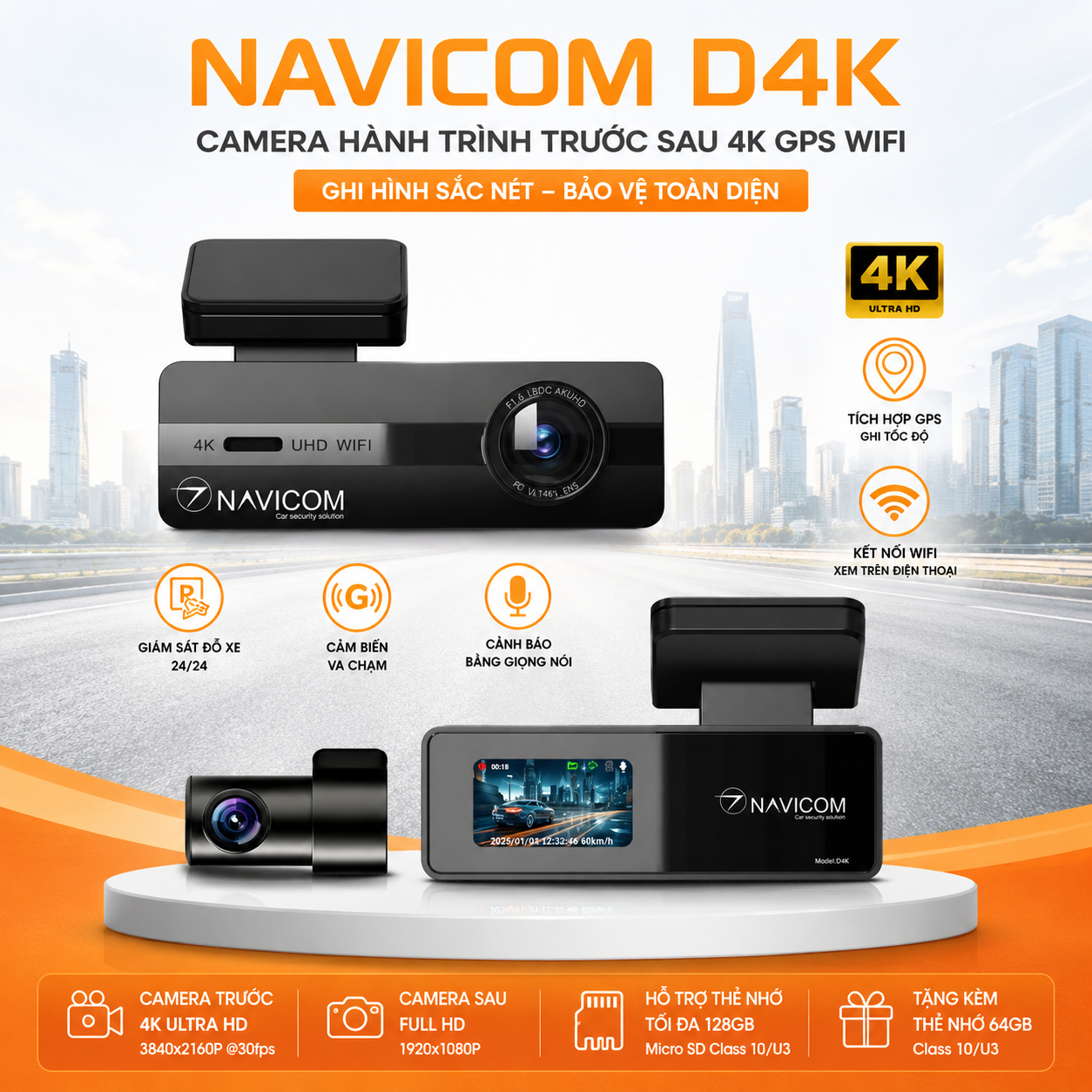 Camera Hành Trình Trước Sau 4K GPS WiFi Navicom D4K – Ghi Hình Sắc Nét, Lái Xe An Toàn Hơn
