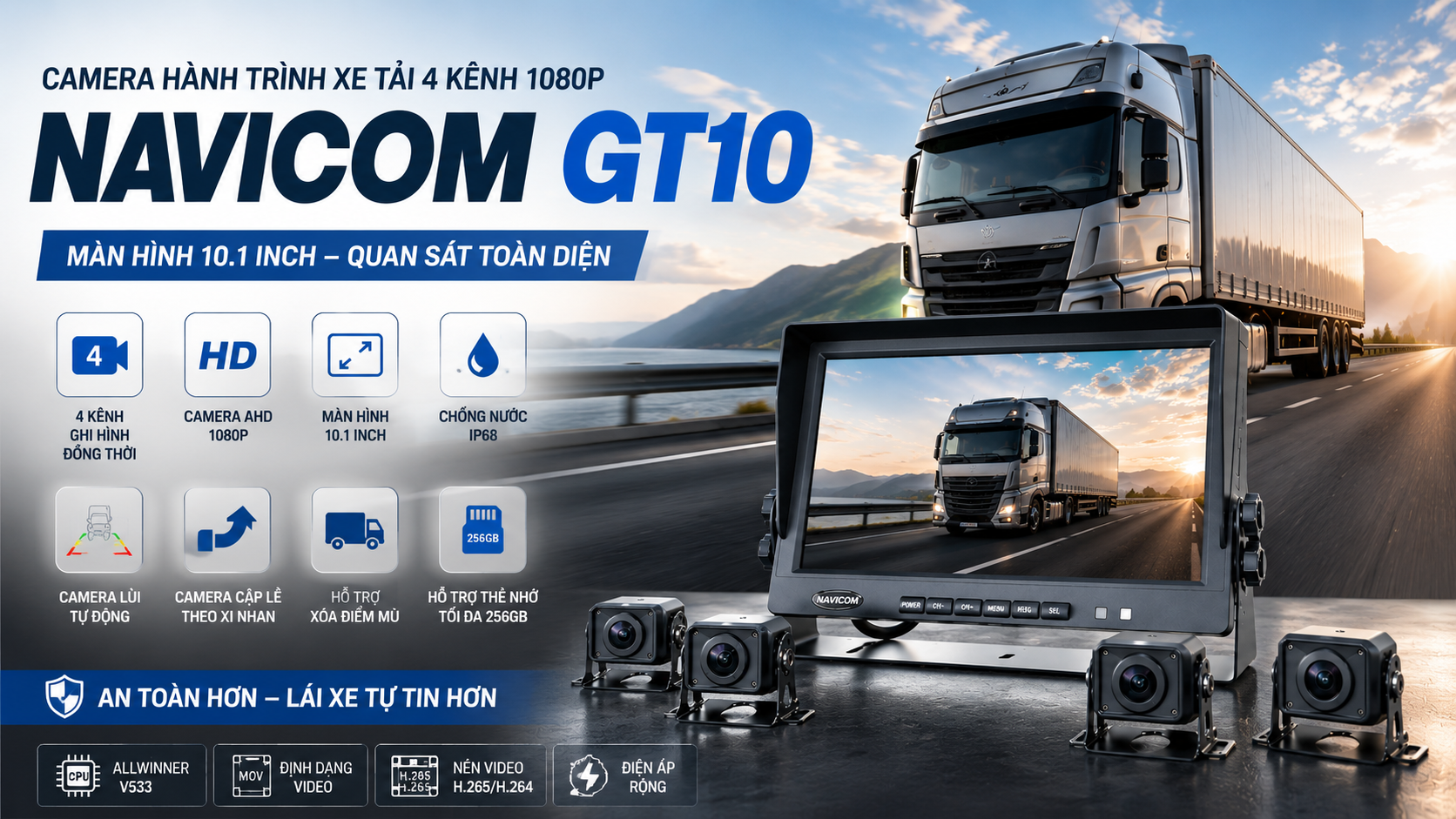 Camera Hành Trình 4 Kênh Màn Hình 10 Inch Navicom GT10 – Giải Pháp Giám Sát Toàn Diện Cho Xe Tải Và Xe Chuyên Dụng