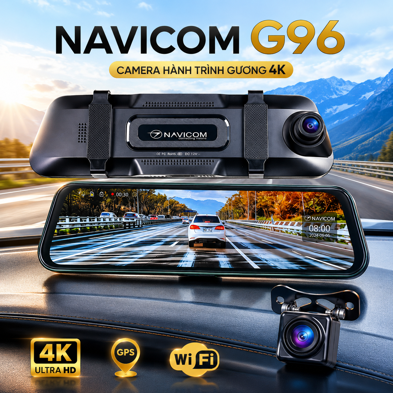 Camera Hành Trình Gương NAVICOM G96 4K – Ghi Hình Trước Sau, Kết Nối Wifi, Tích Hợp GPS