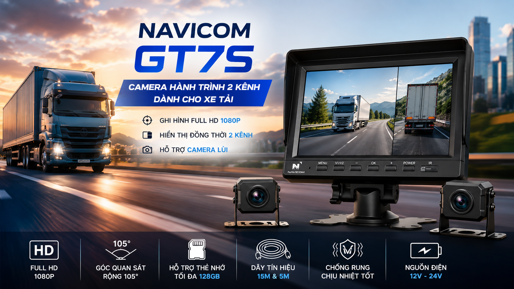 Camera Hành Trình Xe Tải 2 Kênh Navicom GT7S Màn Hình 7 Inch Full HD 1080P