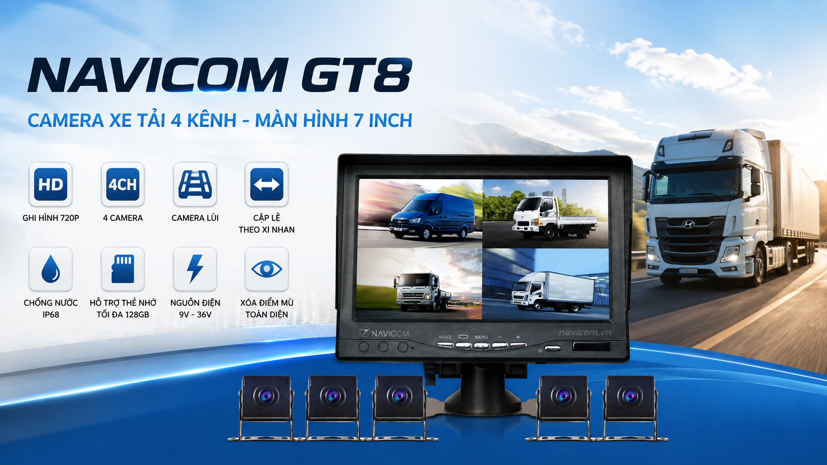 Camera Xe Tải 4 Kênh 720P Màn Hình 7 Inch Navicom GT8